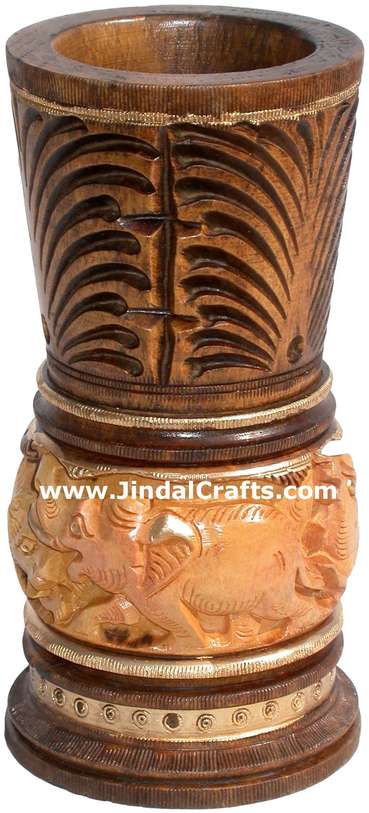 Hand Carved Antique Look Wooden Pen Pencil Holder Stand Jungle Art Elephant Lion