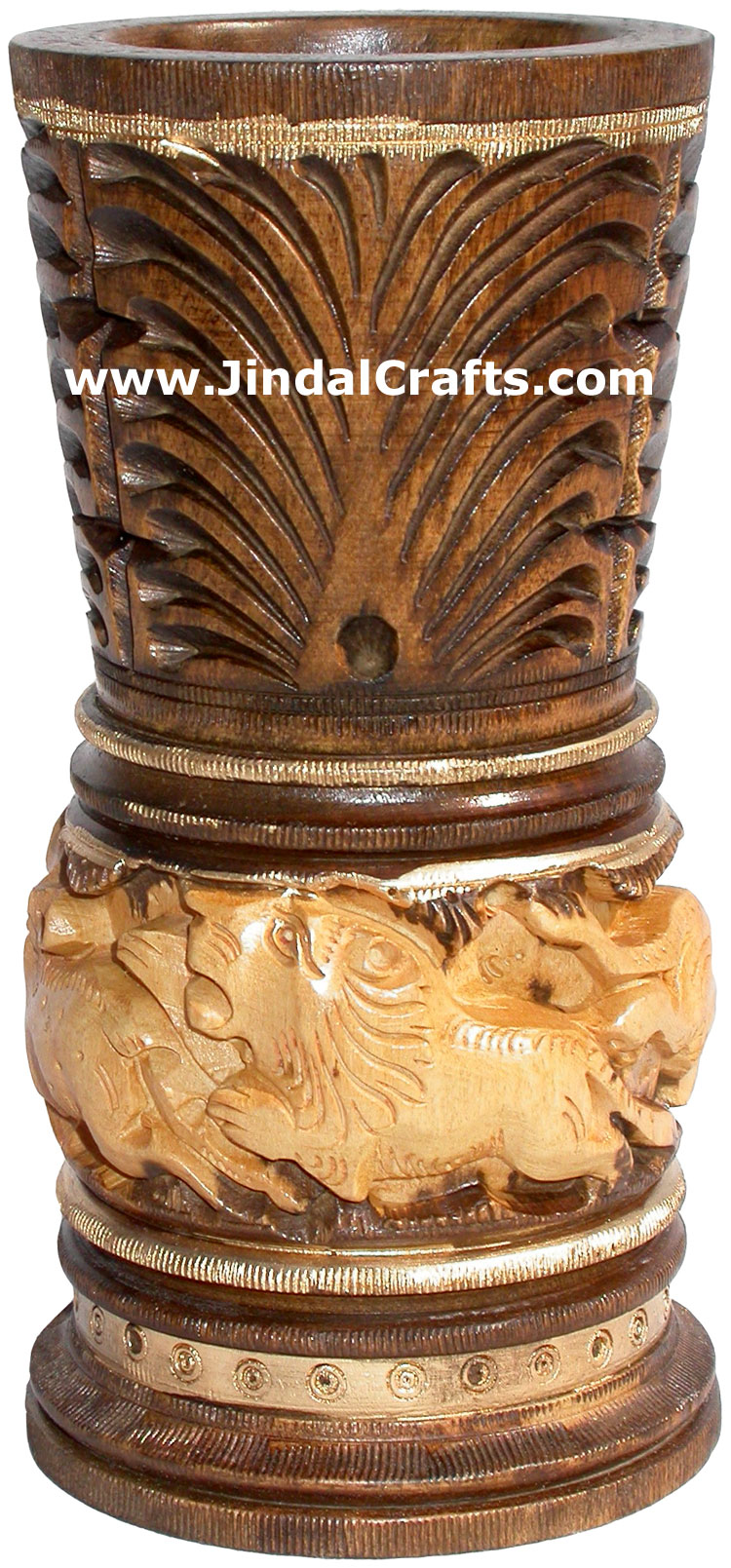 Hand Carved Antique Look Wooden Pen Pencil Holder Stand Jungle Art Elephant Lion