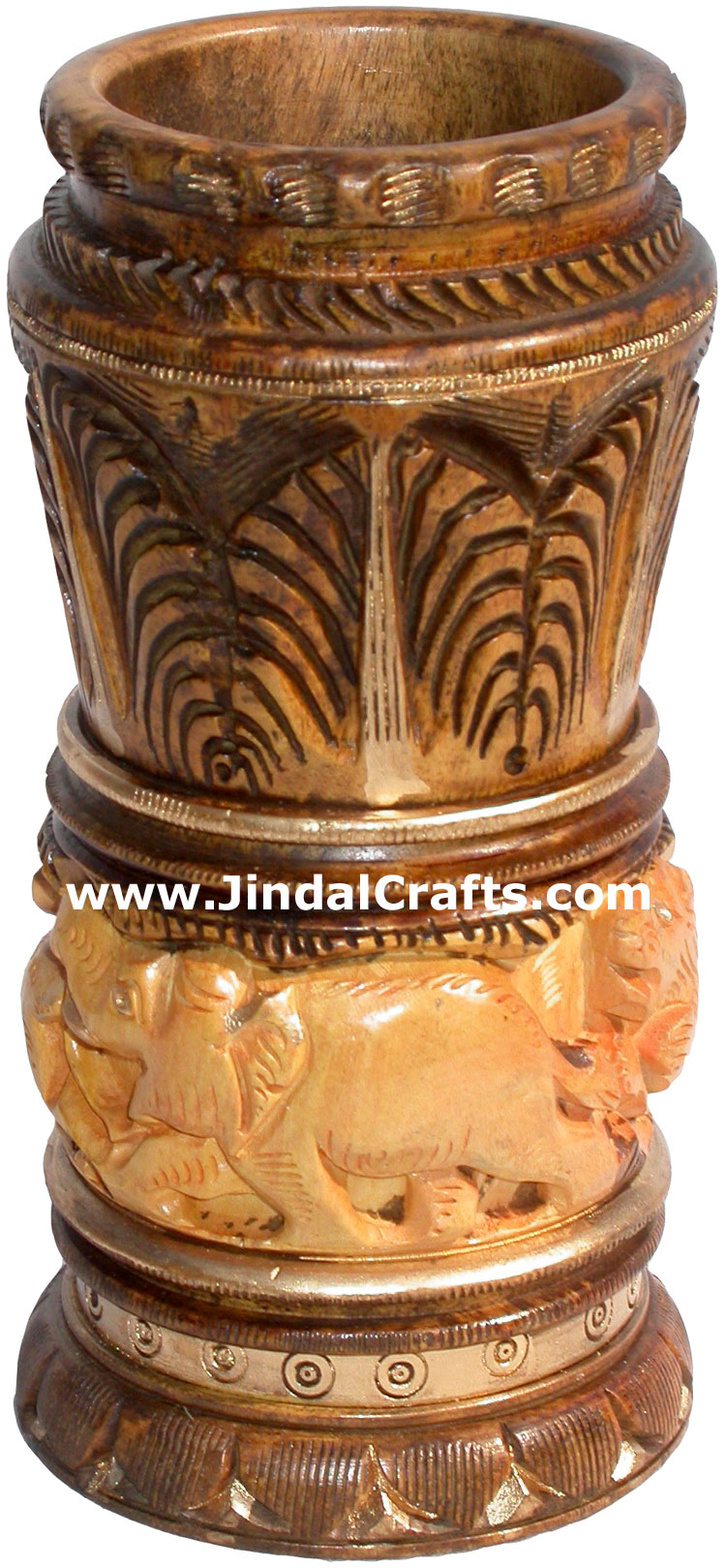Hand Carved Antique Look Wooden Pen Pencil Holder Stand Jungle Art Elephant Lion