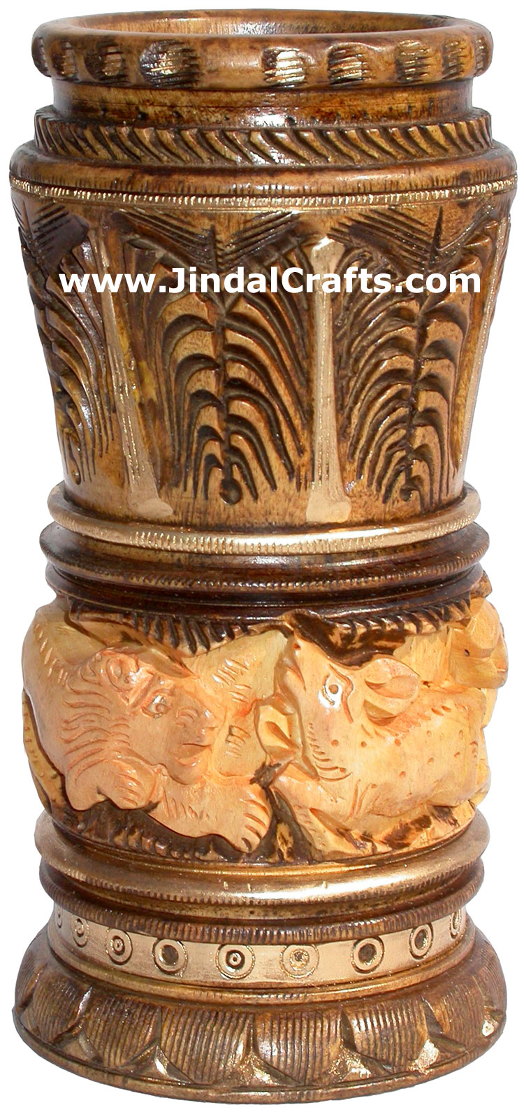 Hand Carved Antique Look Wooden Pen Pencil Holder Stand Jungle Art Elephant Lion