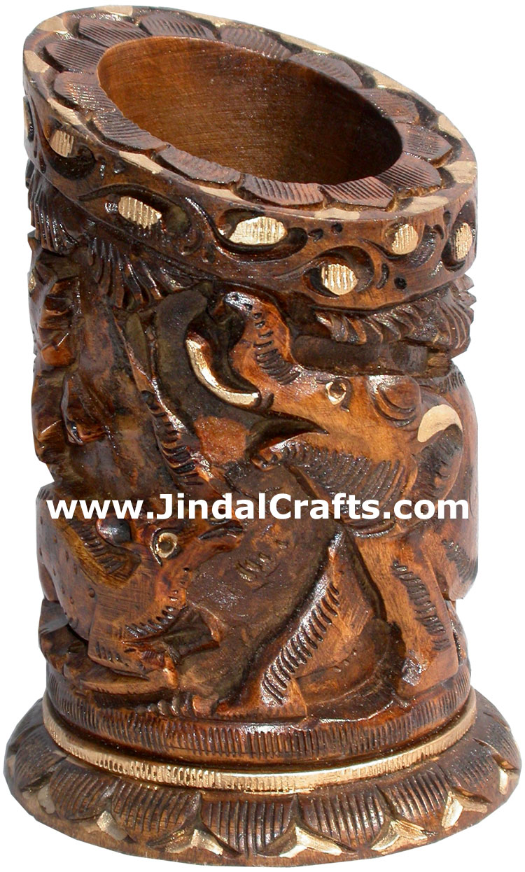 Hand Carved Wood Pen Pencil Holder Stand Unique Art