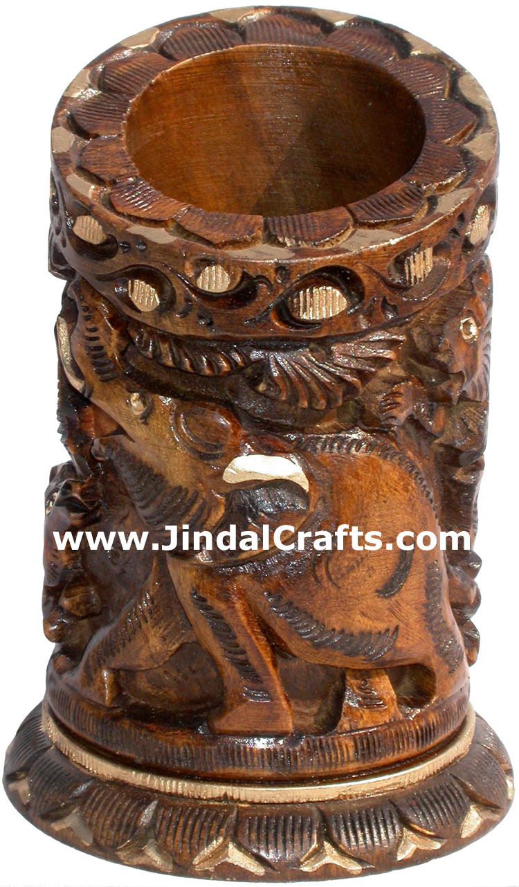 Hand Carved Wood Pen Pencil Holder Stand Unique Art
