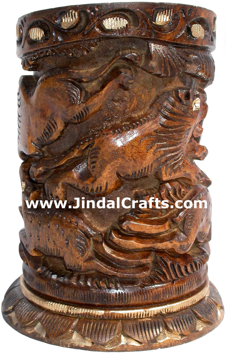 Hand Carved Wood Pen Pencil Holder Stand Unique Art