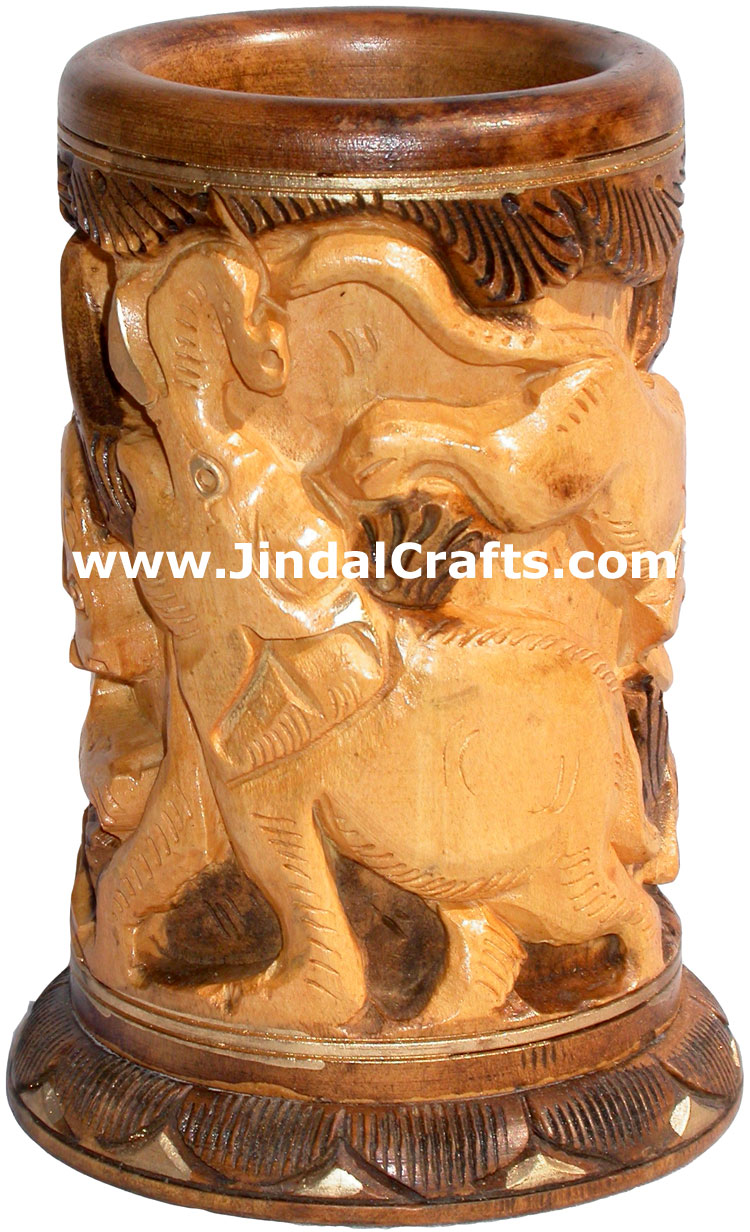 Hand Carved Wood Pen Pencil Holder Stand Unique Art