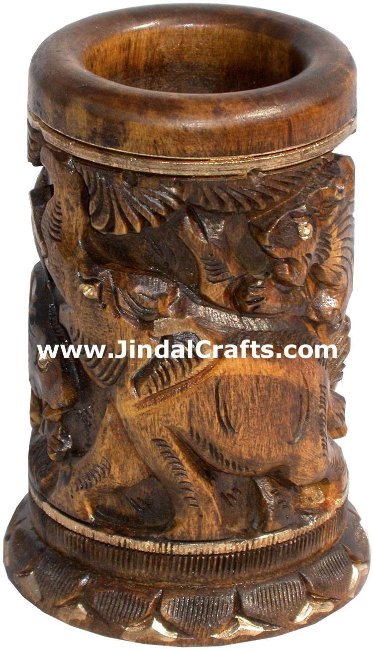 Hand Carved Wood Pen Pencil Holder Stand Unique Art