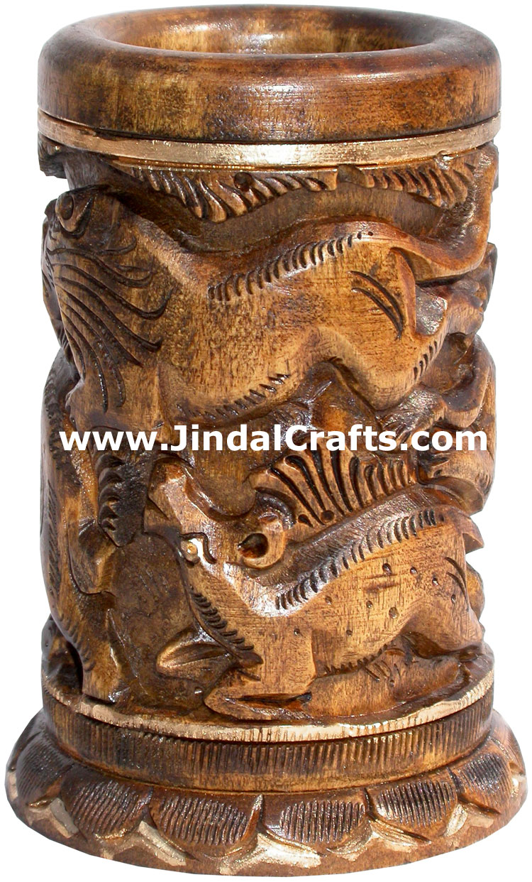 Hand Carved Wood Pen Pencil Holder Stand Unique Art