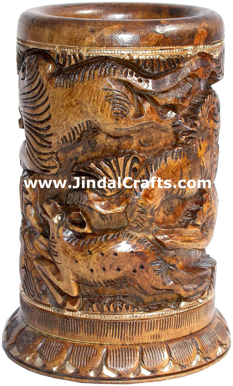 Hand Carved Wood Pen Pencil Holder Stand Unique Art