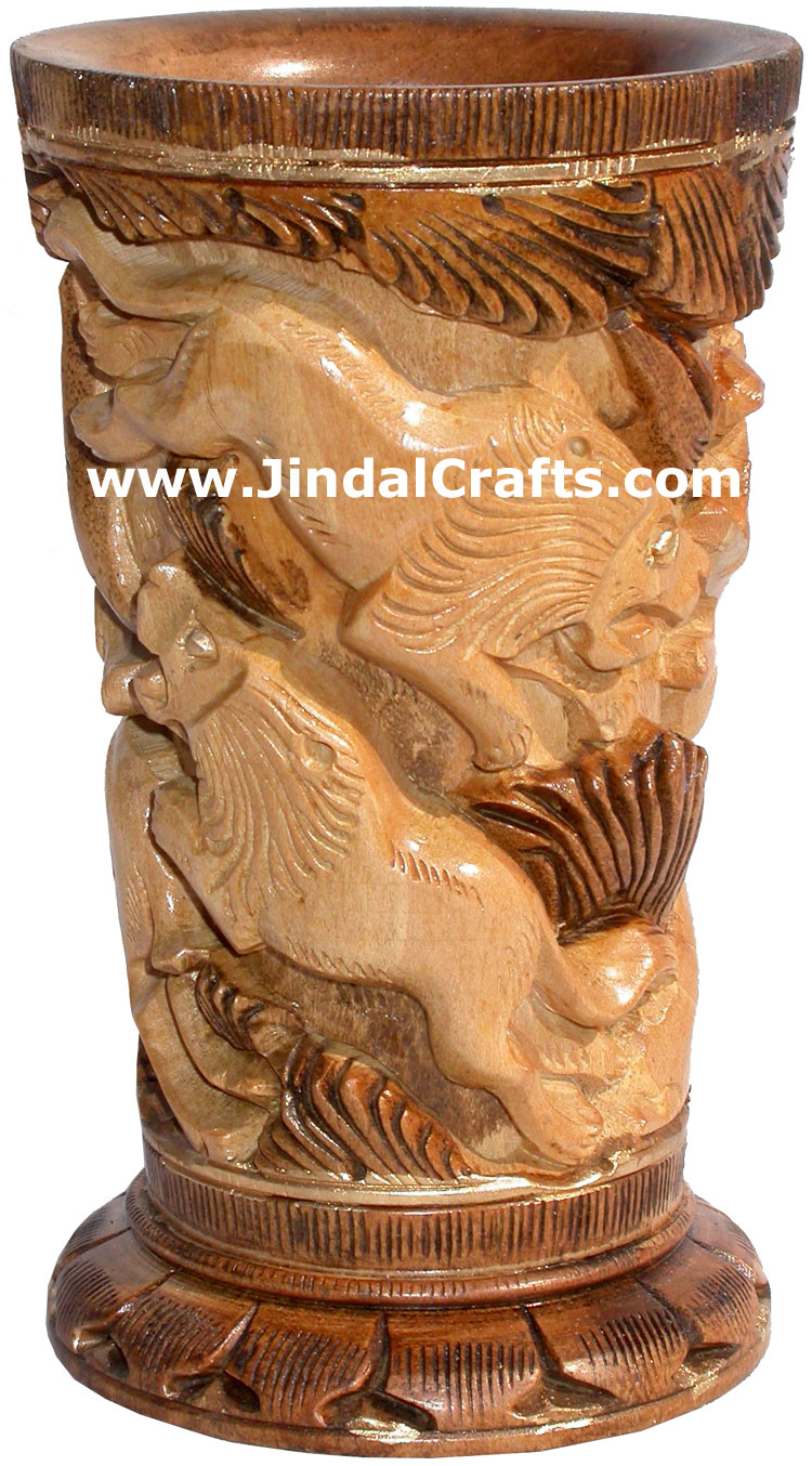 Hand Carved Antique Look Wooden Pen Pencil Holder Stand Jungle Art Elephant Lion