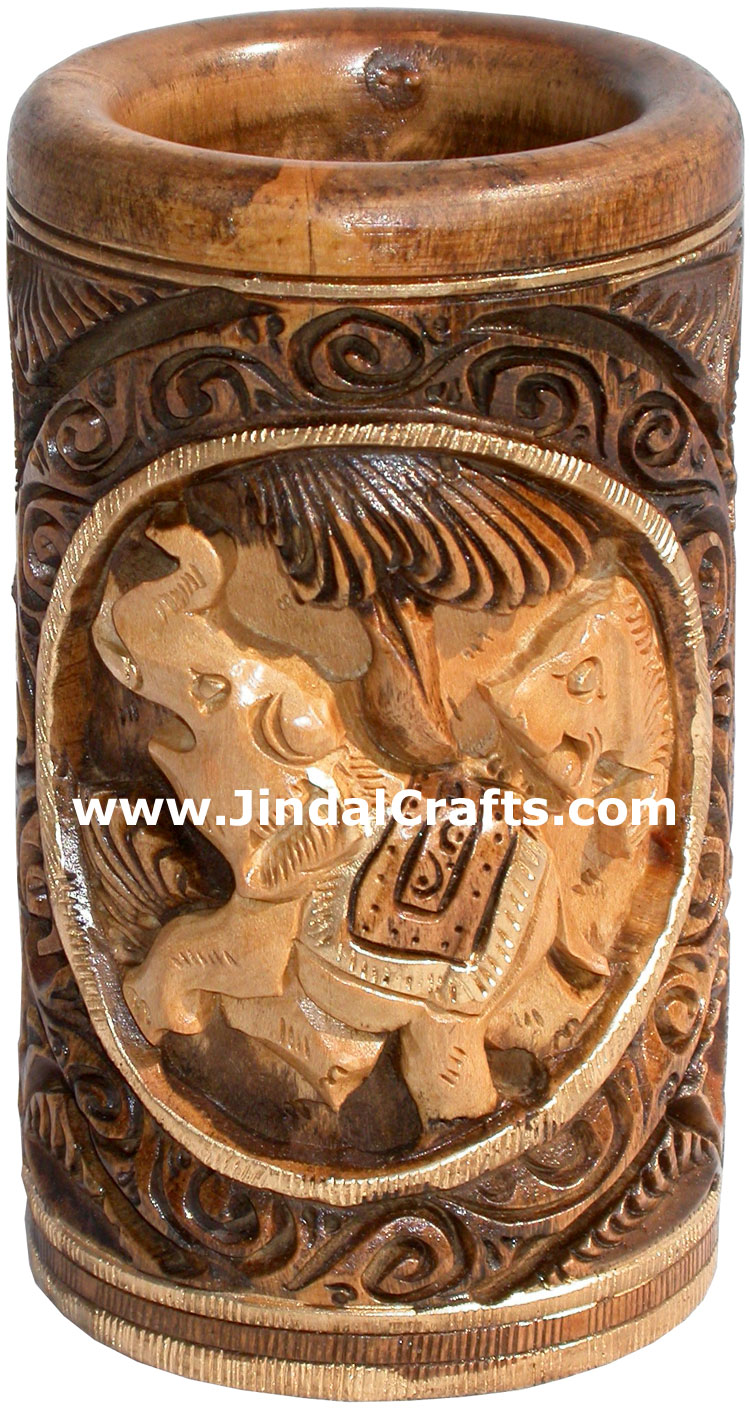 Hand Carved Wood Pen Pencil Holder Stand Unique Art