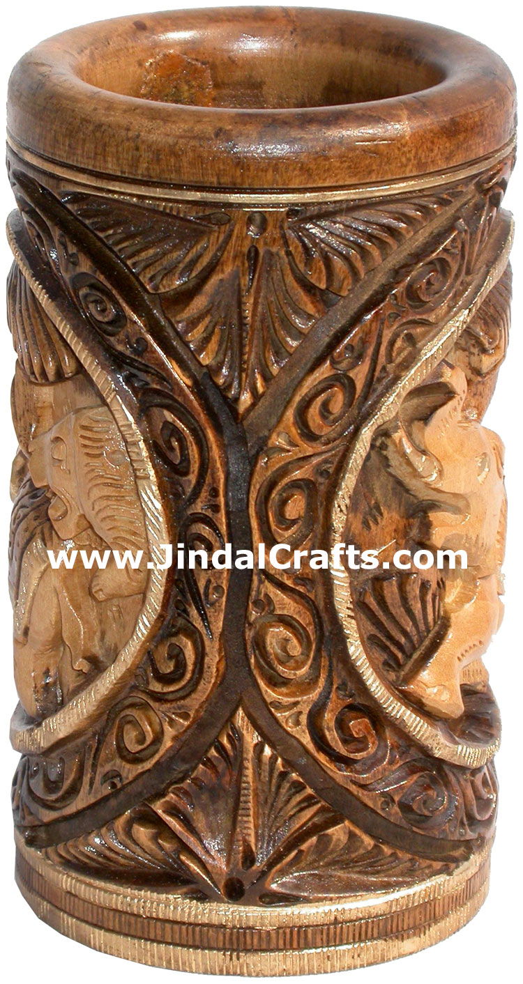 Hand Carved Wood Pen Pencil Holder Stand Unique Art