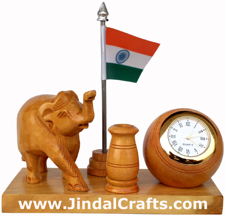Wooden Pen Stand with Hand Carved Elephant Figurine, Clock, Flag of India