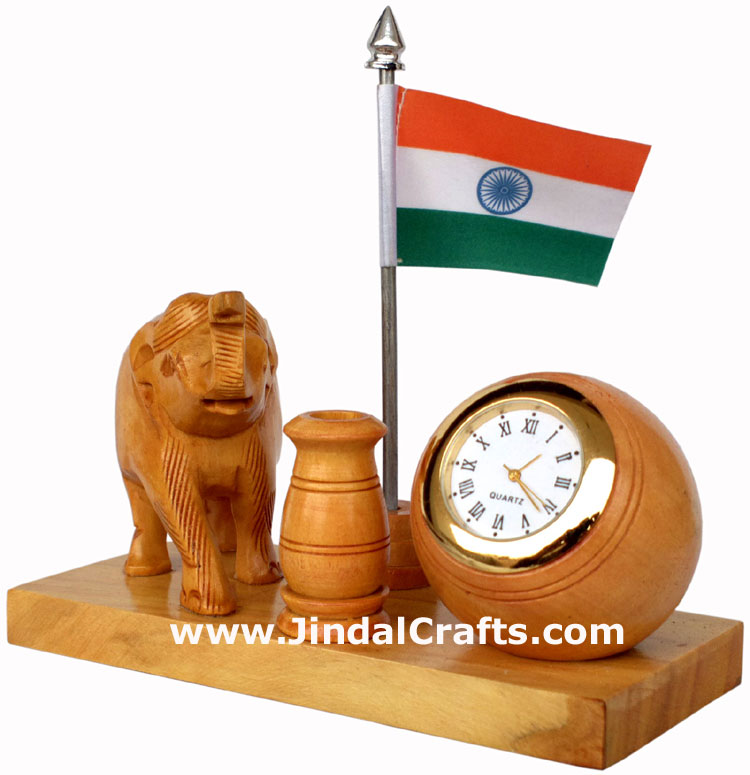 Wooden Pen Stand with Hand Carved Elephant Figurine, Clock, Flag of India