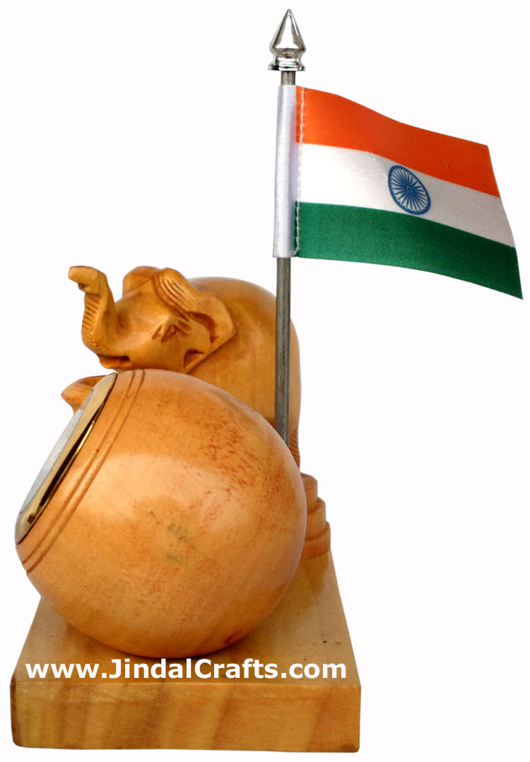 Wooden Pen Stand with Hand Carved Elephant Figurine, Clock, Flag of India