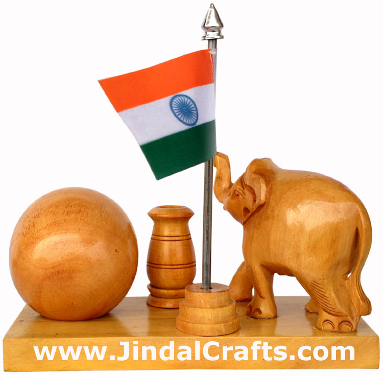 Wooden Pen Stand with Hand Carved Elephant Figurine, Clock, Flag of India