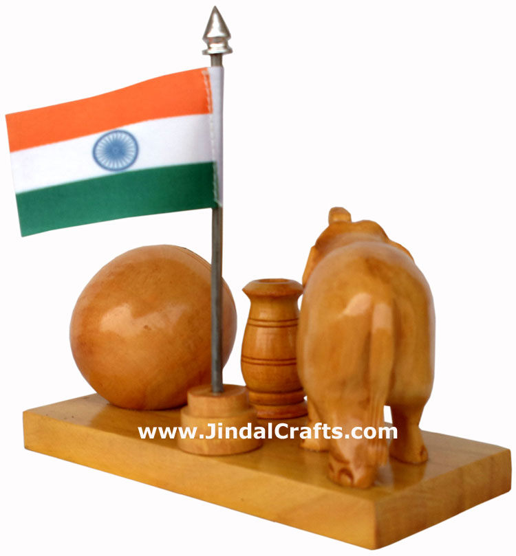 Wooden Pen Stand with Hand Carved Elephant Figurine, Clock, Flag of India