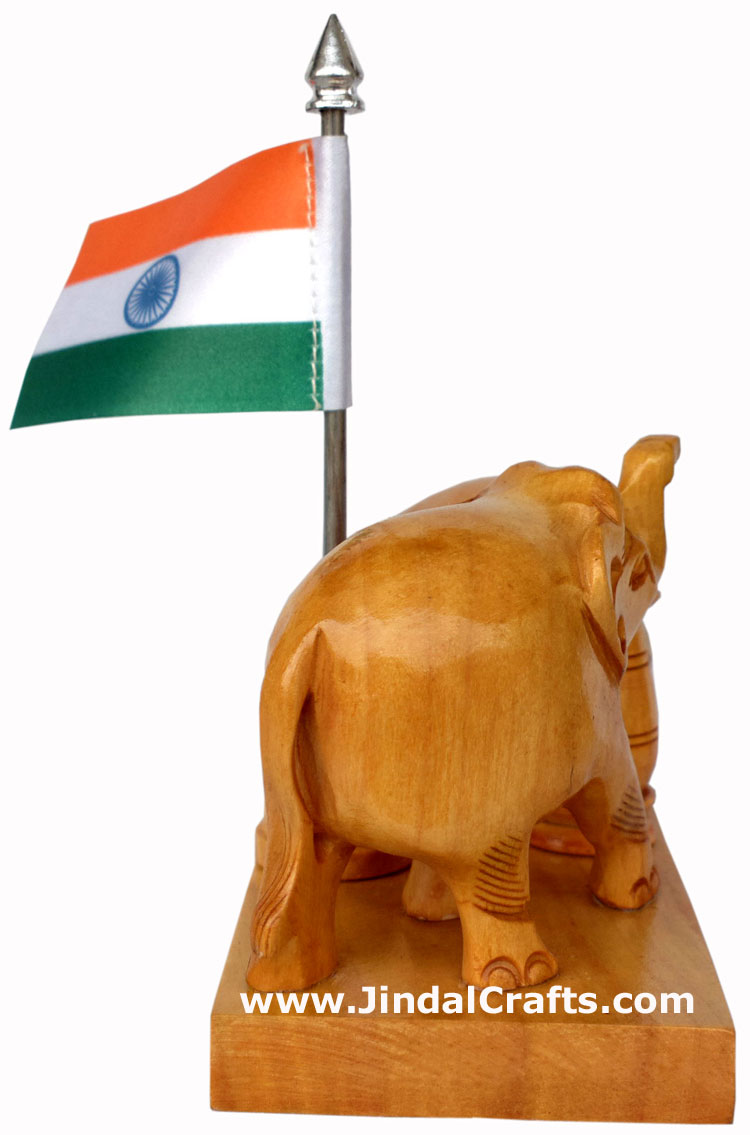 Wooden Pen Stand with Hand Carved Elephant Figurine, Clock, Flag of India