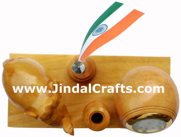 Wooden Pen Stand with Hand Carved Elephant Figurine, Clock, Flag of India
