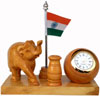 Wooden Pen Stand with Hand Carved Elephant Figurine, Clock, Flag of India