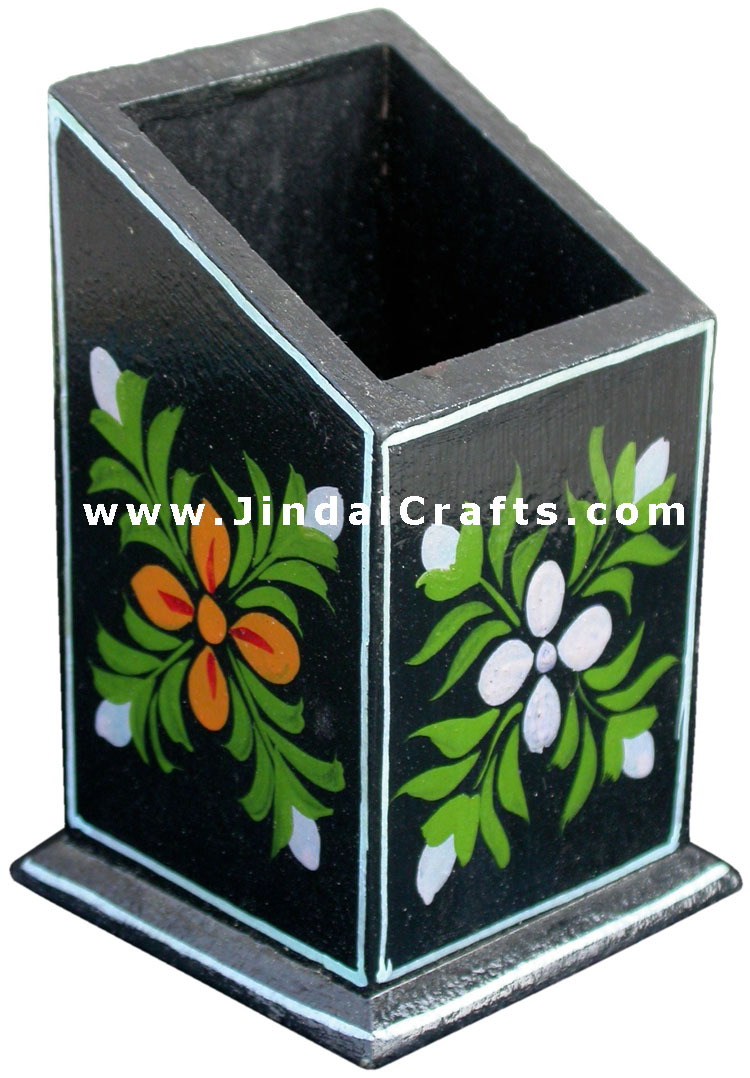 Hand Painted Wooden Decorative Traditional Pen Holder Stand India Art Table Top