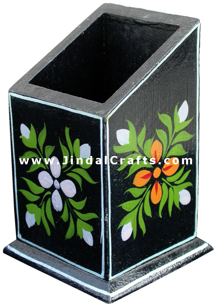 Hand Painted Wooden Decorative Traditional Pen Holder Stand India Art Table Top