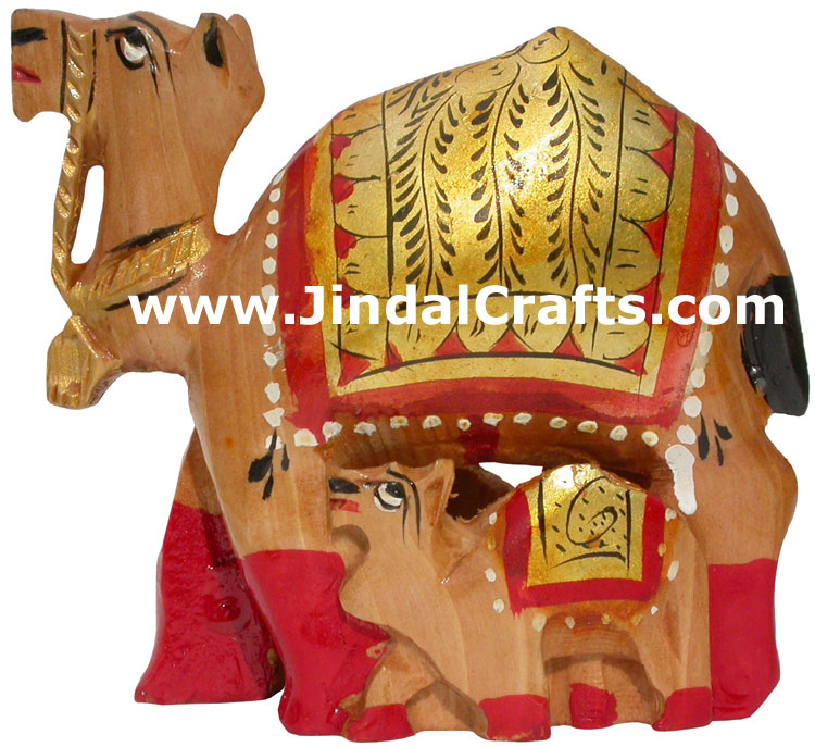 Hand Carved and Painted Wood Camel Family India Art