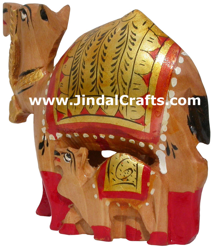 Hand Carved and Painted Wood Camel Family India Art