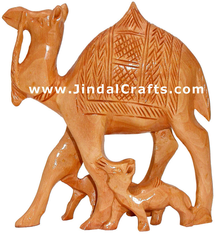 Handcrafted Wooden Camel Family - Animal Sculpture Art