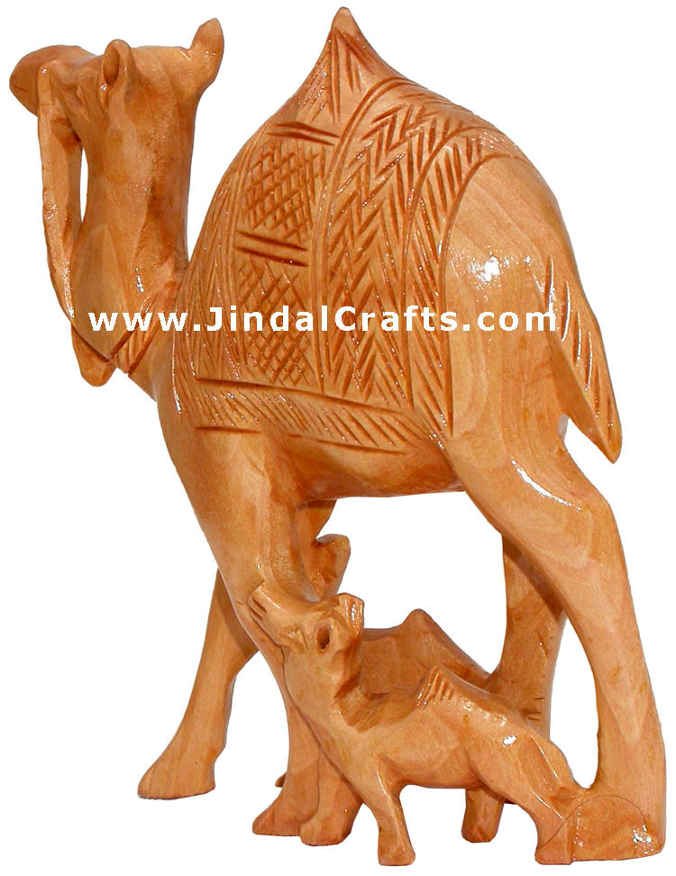 Handcrafted Wooden Camel Family - Animal Sculpture Art