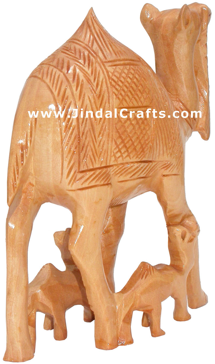 Handcrafted Wooden Camel Family - Animal Sculpture Art