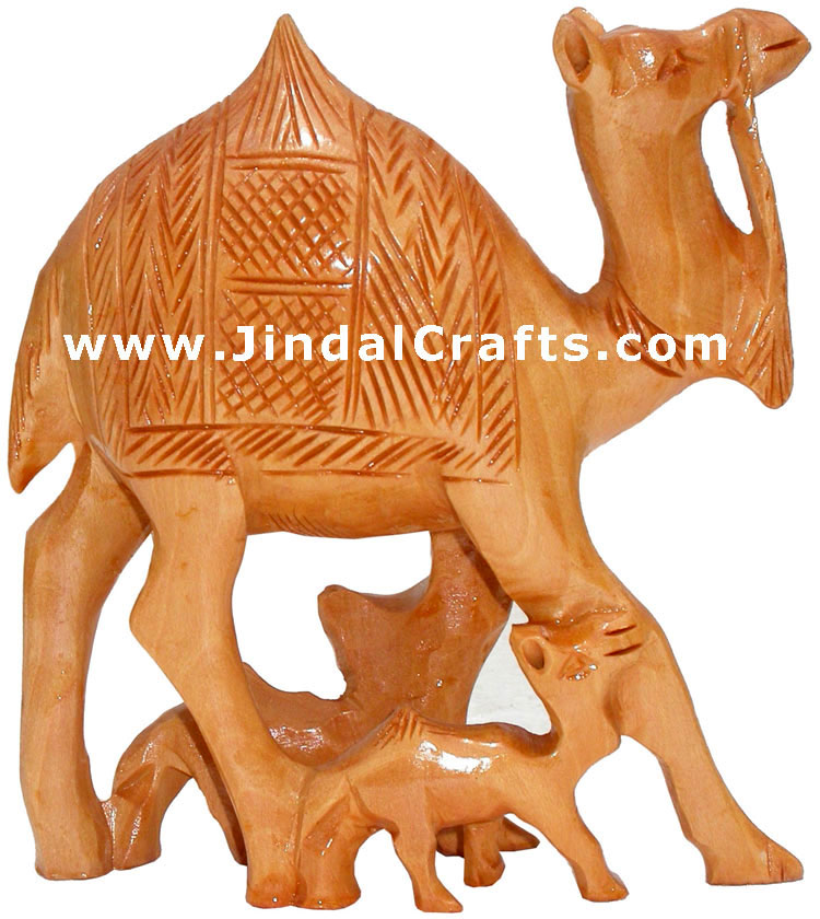 Handcrafted Wooden Camel Family - Animal Sculpture Art