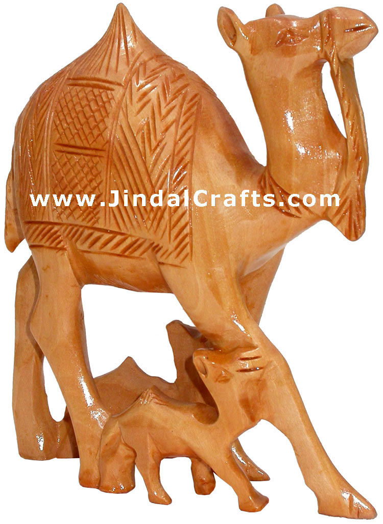 Handcrafted Wooden Camel Family - Animal Sculpture Art