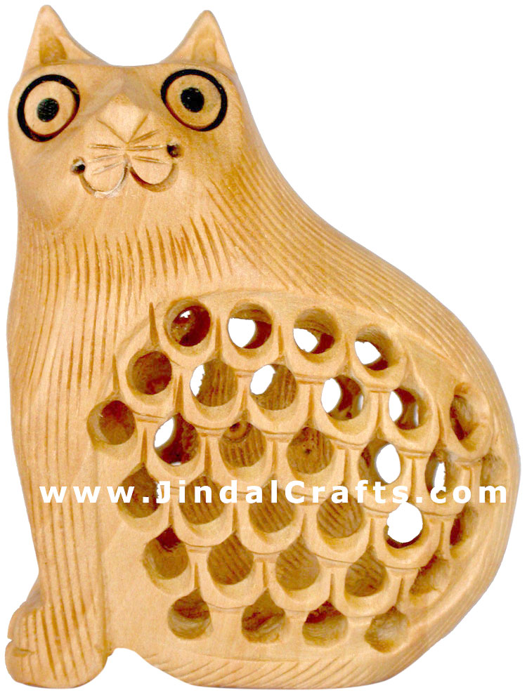 Set of Cats Handcarved Wooden Animal Figures India Art