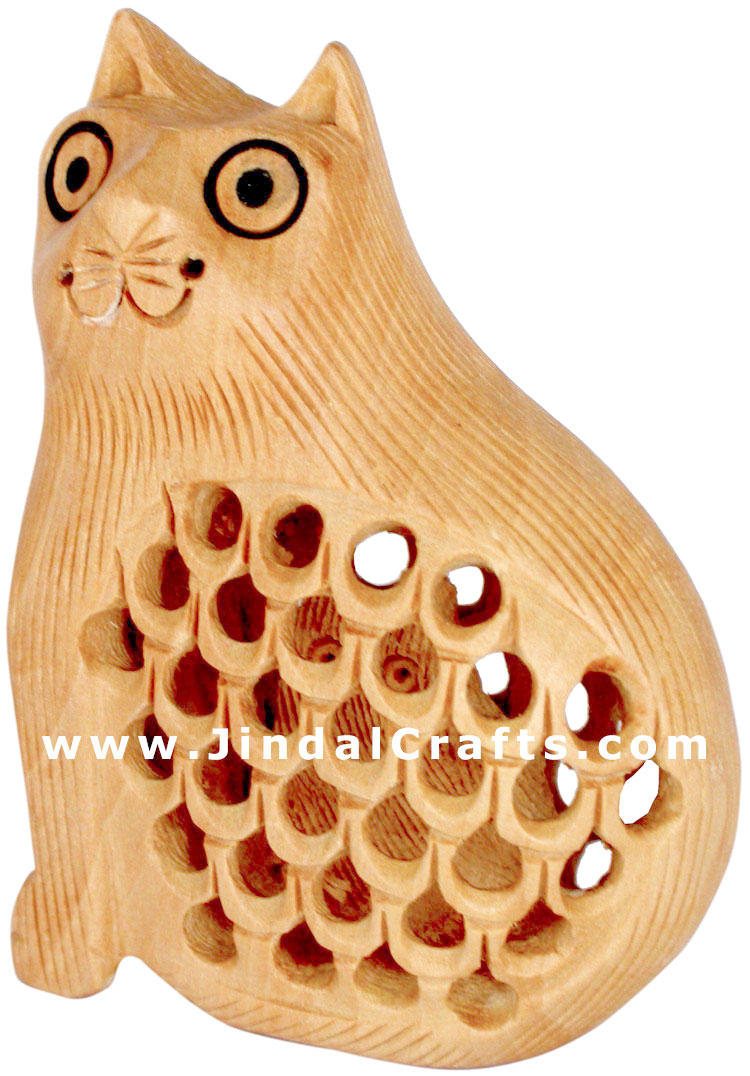 Set of Cats Handcarved Wooden Animal Figures India Art