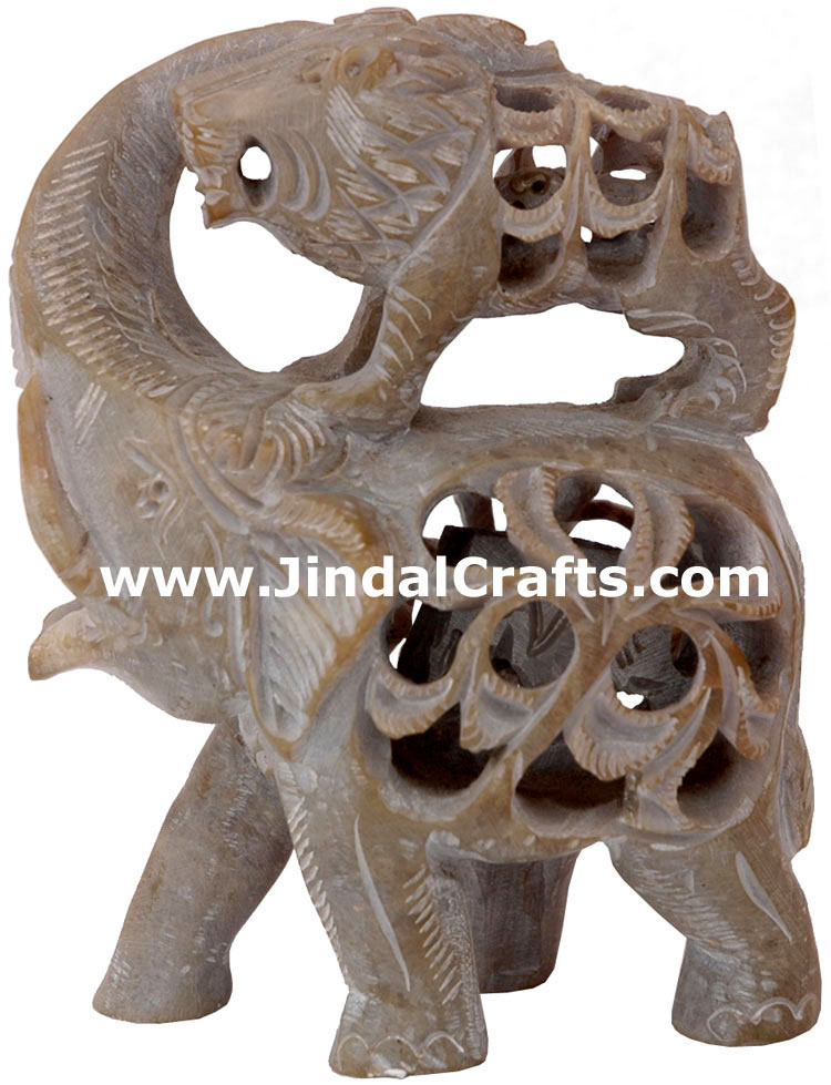 Elephant Lion Fight - Hand Carved Soft Stone Figurines