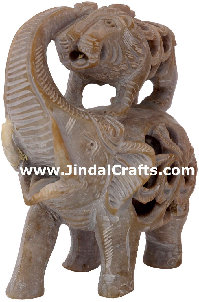 Elephant Lion Fight - Hand Carved Soft Stone Figurines