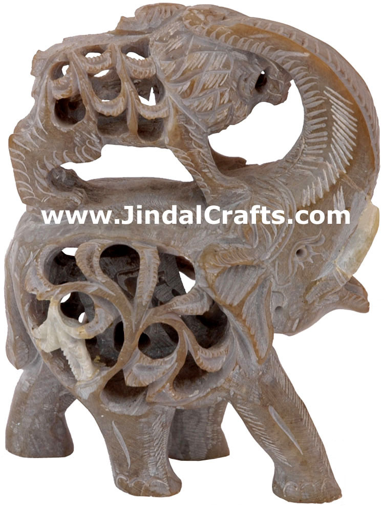 Elephant Lion Fight - Hand Carved Soft Stone Figurines