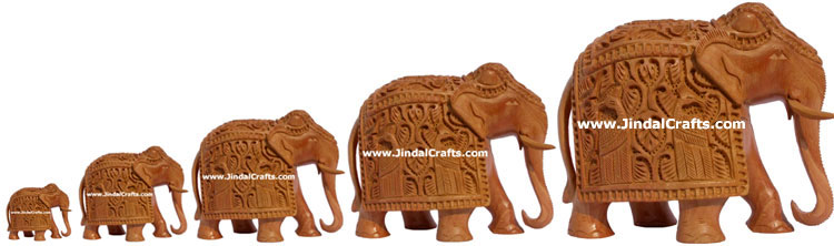 Handcarved Wooden Elephant Figurines Detailed Carving India Handicrafts Artifact