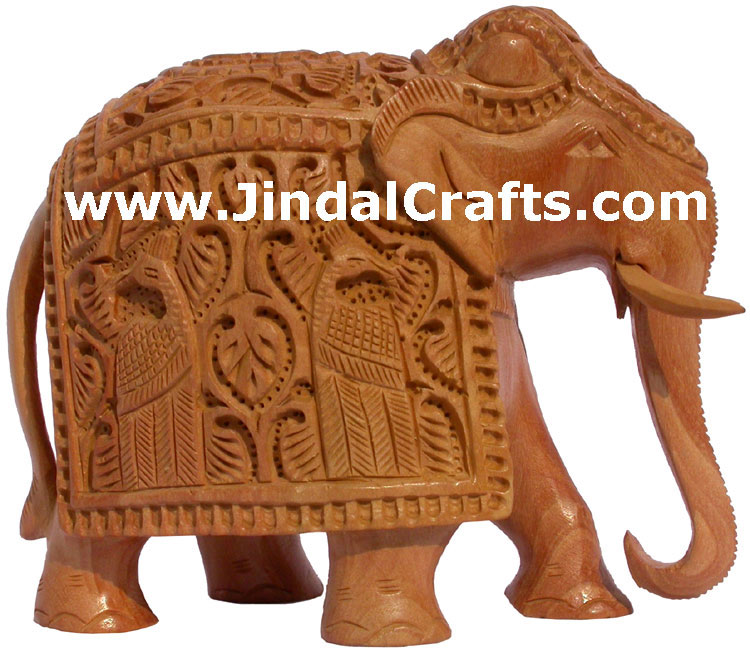 Handcarved Wooden Elephant Figurines Detailed Carving India Handicrafts Artifact