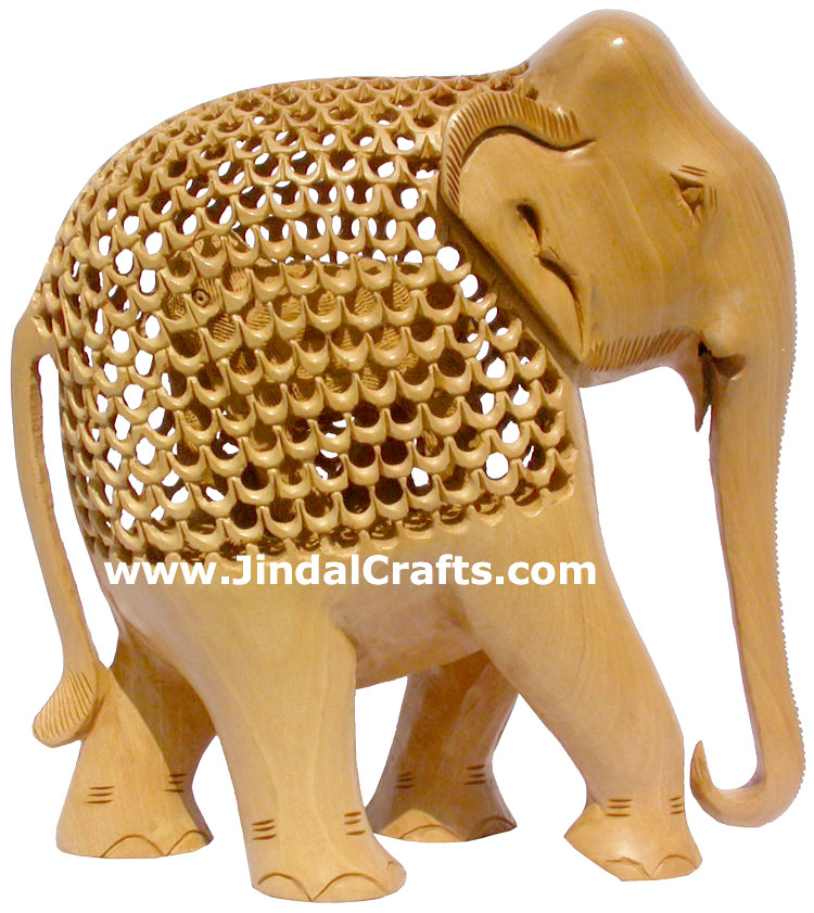 Set of 5 Handcarved Elephants Jalli Hollow Figurine India Carving Handicraft Art