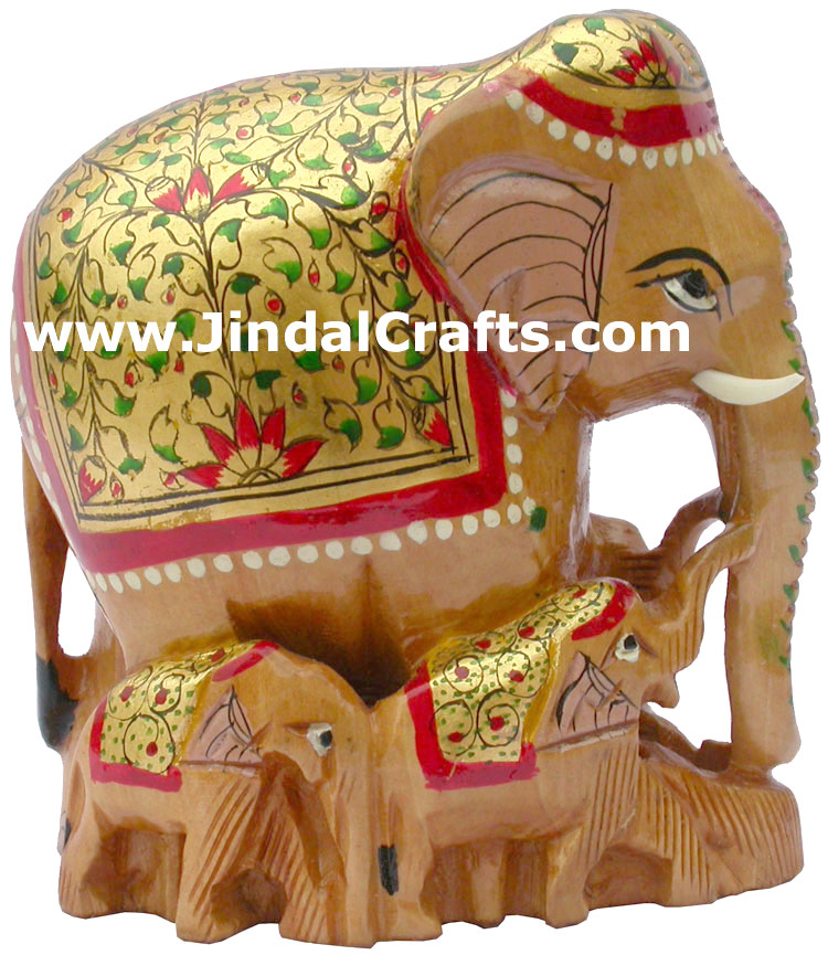 Hand Carved Real Gold Painted Elephant Family India Art