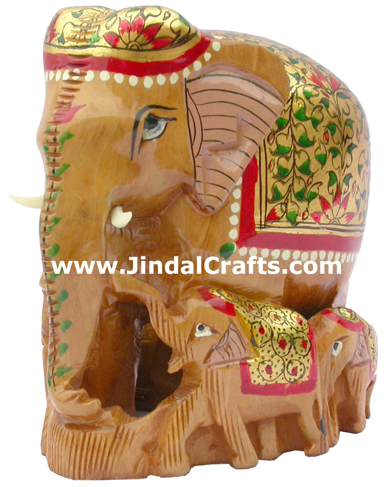 Hand Carved Real Gold Painted Elephant Family India Art