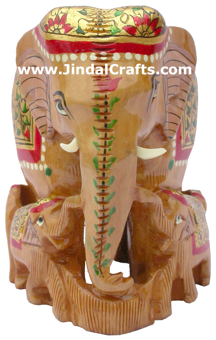 Hand Carved Real Gold Painted Elephant Family India Art