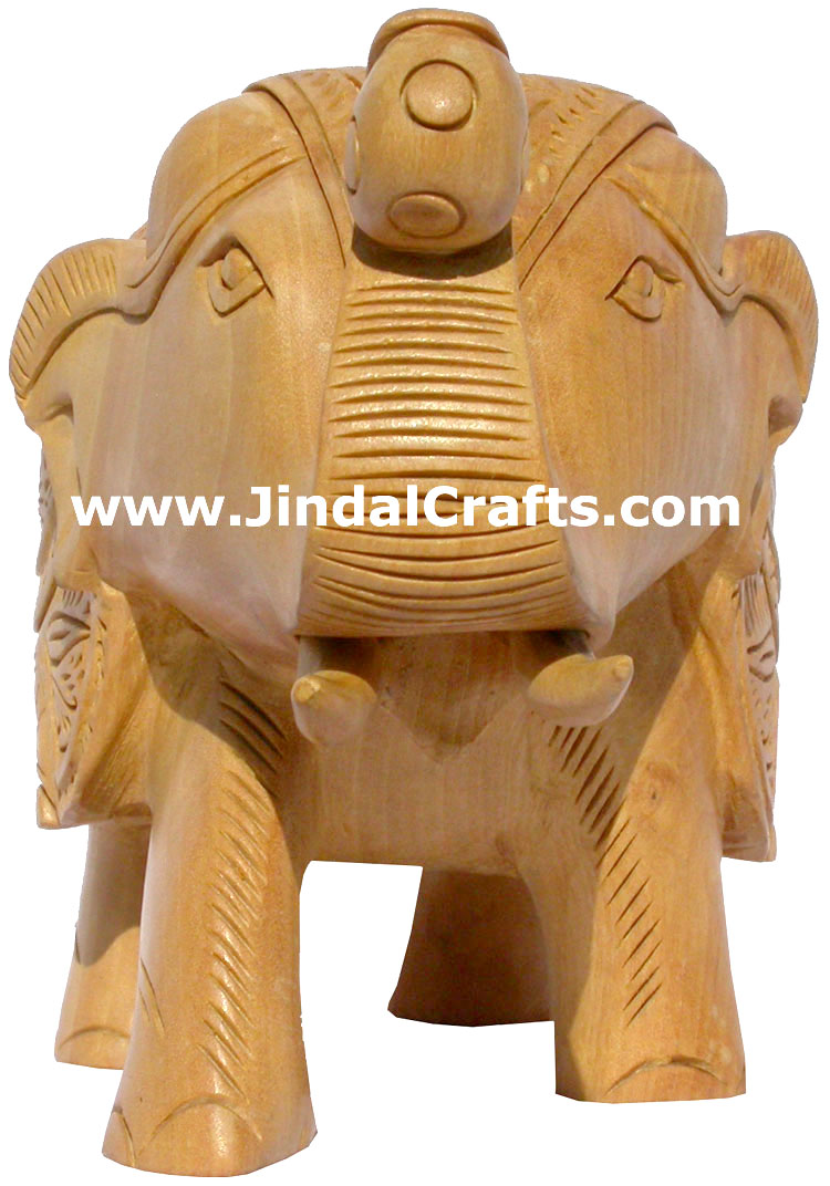 Hand Carved Wood Elephant Sculpture India Detailed Carving Work Handicrafts Gift
