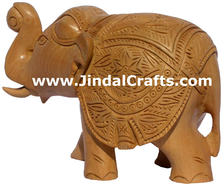 Hand Carved Wood Elephant Sculpture India Detailed Carving Work Handicrafts Gift