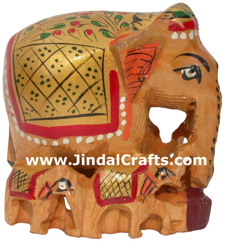 Hand Carved Hand Painted Wood Elephant Family India Artifacts Arts Figurine Idol
