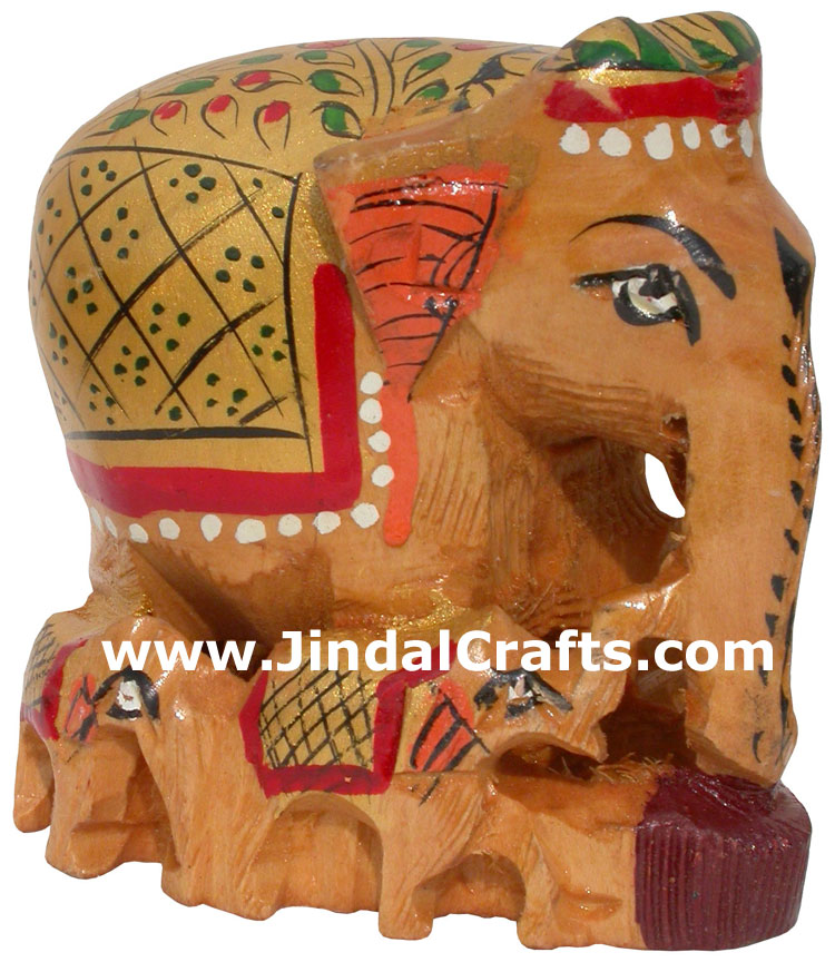 Hand Carved Hand Painted Wood Elephant Family India Artifacts Arts Figurine Idol