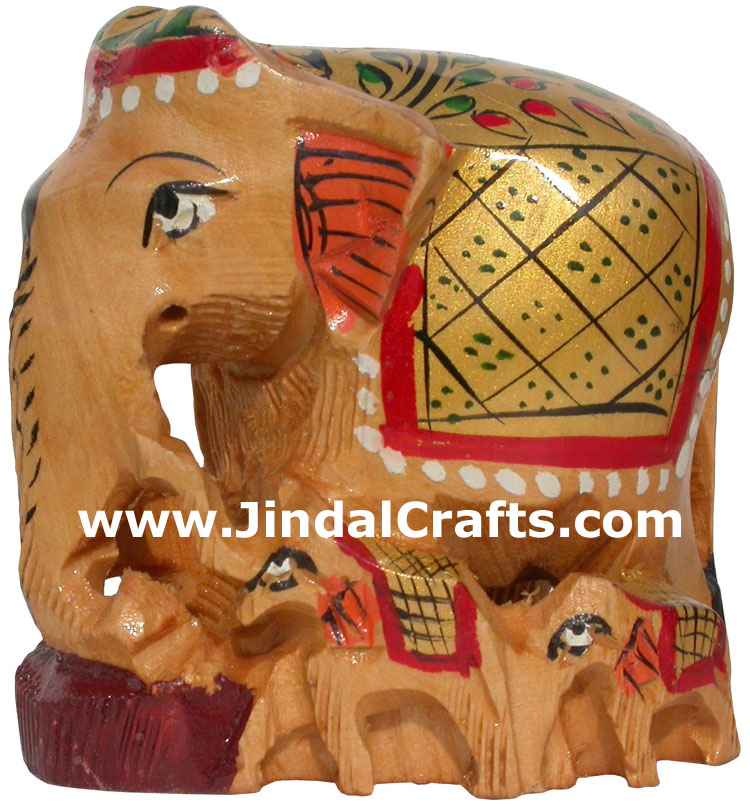 Hand Carved Hand Painted Wood Elephant Family India Artifacts Arts Figurine Idol