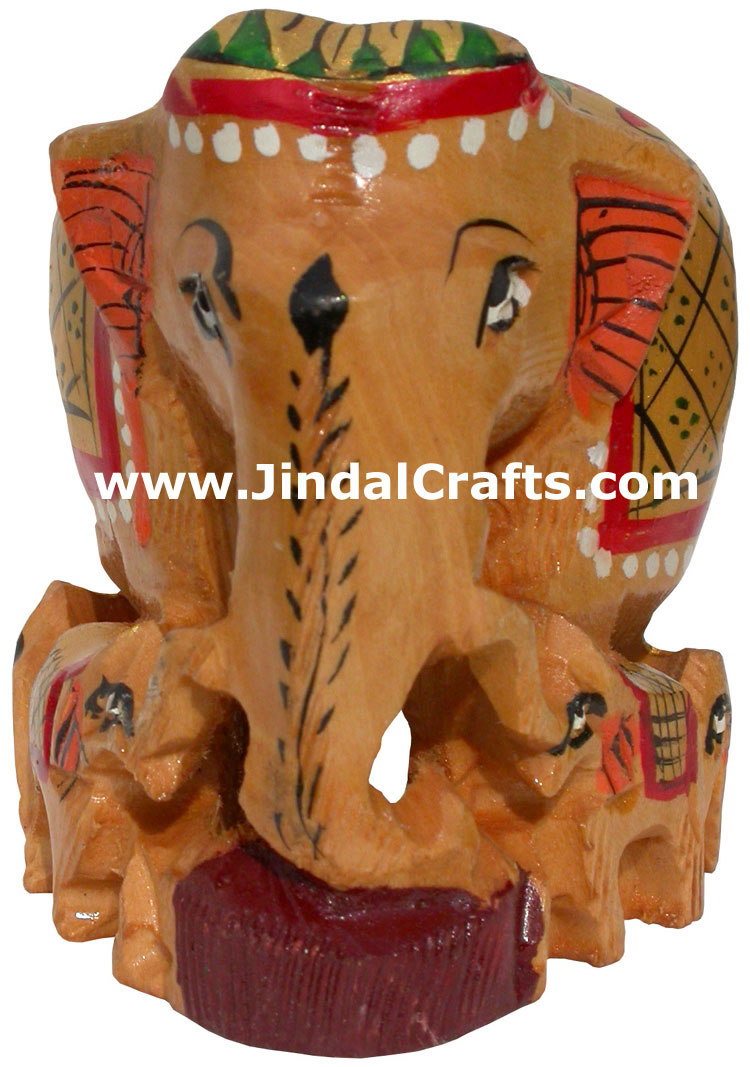 Hand Carved Hand Painted Wood Elephant Family India Artifacts Arts Figurine Idol