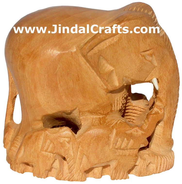Hand Carved Wooden Elephant Family India Artifacts Art Handicraft Natural Finish