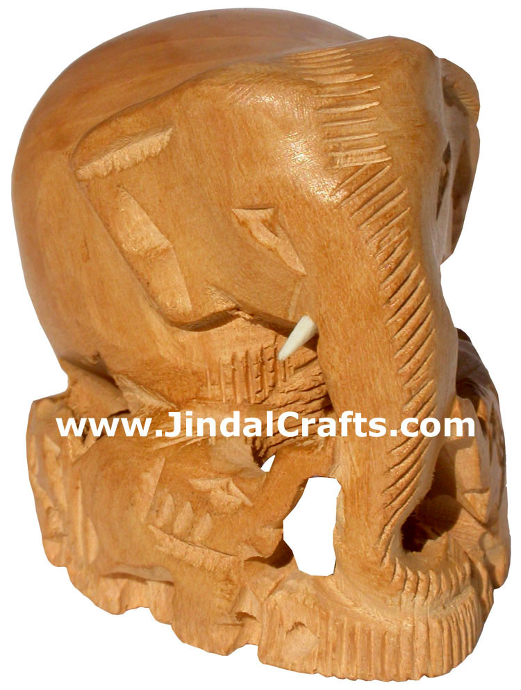 Hand Carved Wooden Elephant Family India Artifacts Art Handicraft Natural Finish